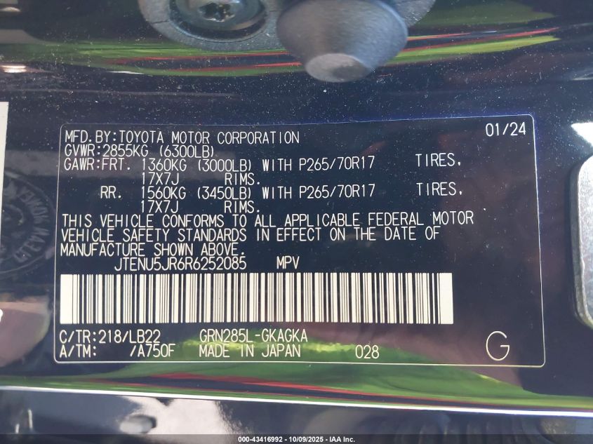 2024 Toyota 4Runner Sr5 Premium VIN: JTENU5JR6R6252085 Lot: 43416992