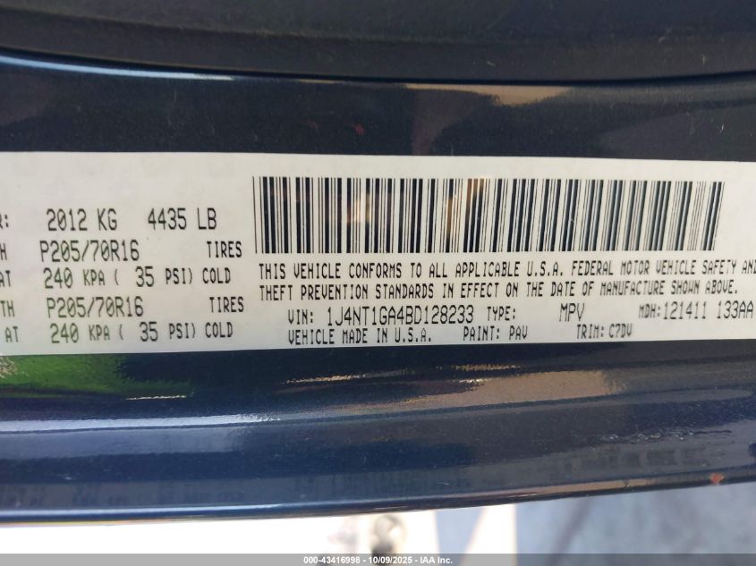 2011 Jeep Patriot Sport VIN: 1J4NT1GA4BD128233 Lot: 43416998