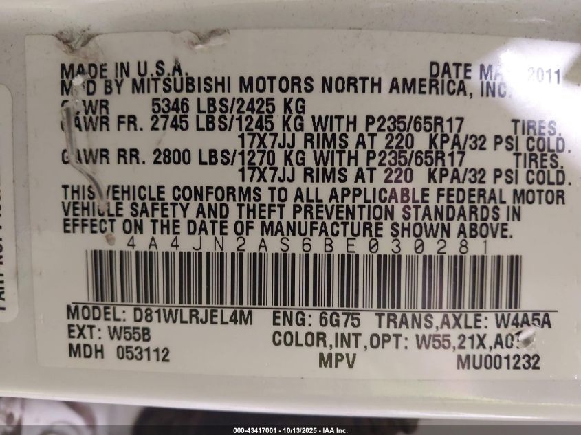 2011 Mitsubishi Endeavor VIN: 4A4JN2AS6BE030281 Lot: 43417001