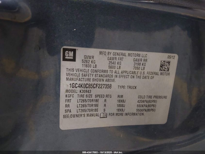 2012 Chevrolet Silverado 3500Hd Lt VIN: 1GC4K0C85CF227358 Lot: 43417003