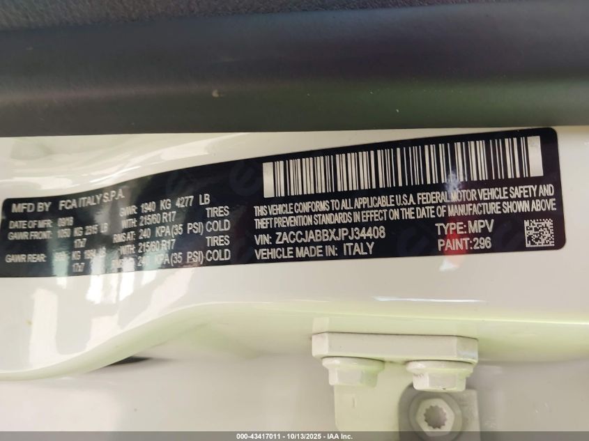 2018 Jeep Renegade Latitude Fwd VIN: ZACCJABBXJPJ34408 Lot: 43417011