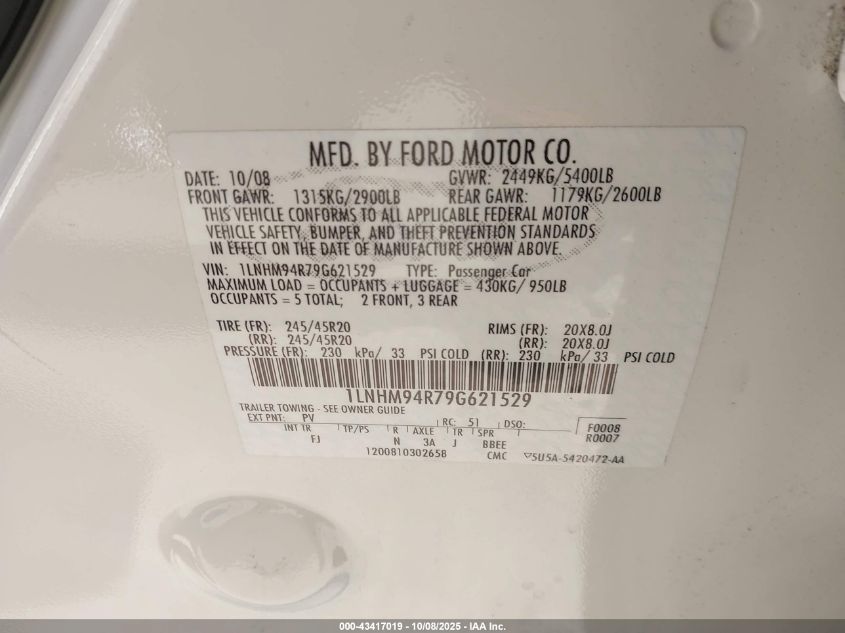 2009 Lincoln Mks VIN: 1LNHM94R79G621529 Lot: 43417019