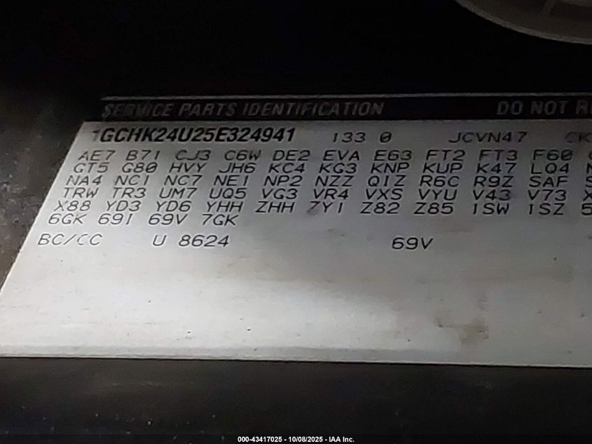 2005 Chevrolet Silverado 2500Hd Work Truck VIN: 1GCHK24U25E324941 Lot: 43417025