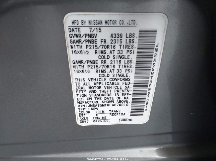 2015 Nissan Rogue Select S VIN: JN8AS5MT8FW670910 Lot: 43417030