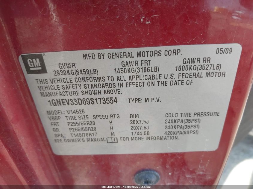2009 Chevrolet Traverse Ltz VIN: 1GNEV33D69S173554 Lot: 43417029