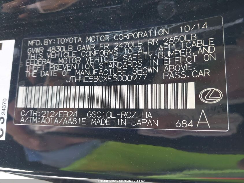 2015 Lexus Rc 350 VIN: JTHHE5BCXF5000977 Lot: 43417055