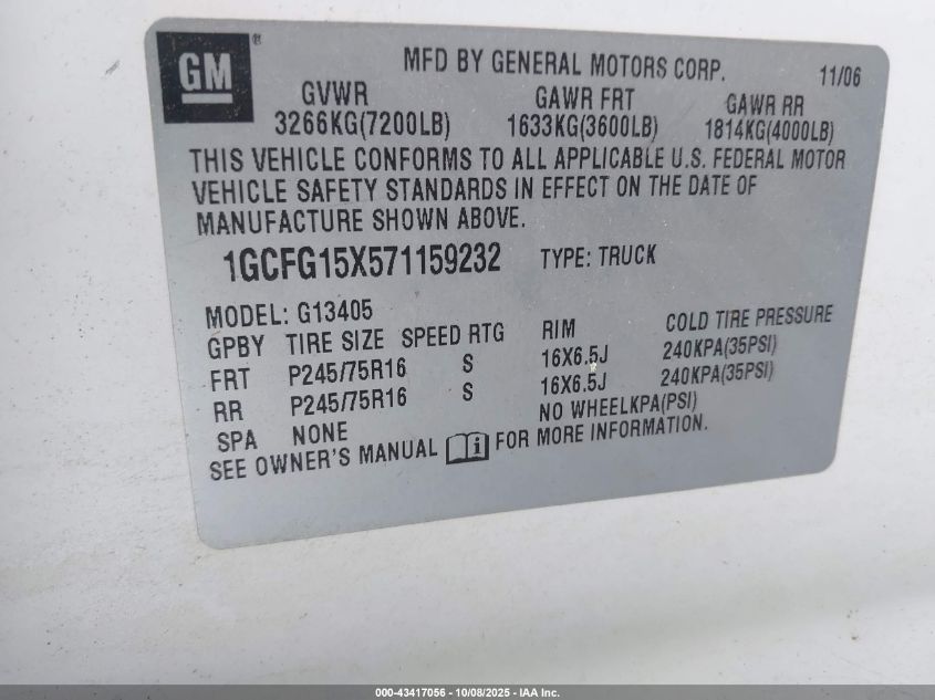 2007 Chevrolet Express Work Van VIN: 1GCFG15X571159232 Lot: 43417056