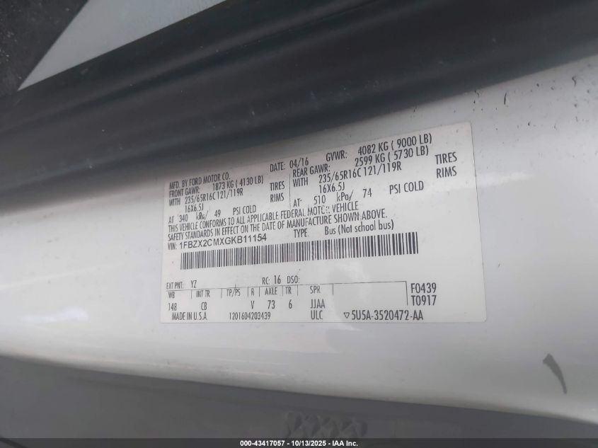 2016 Ford Transit-350 Xlt VIN: 1FBZX2CMXGKB11154 Lot: 43417057