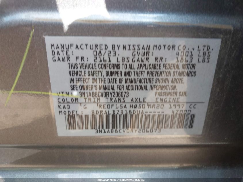 2024 Nissan Sentra Sv Xtronic Cvt VIN: 3N1AB8CV0RY206073 Lot: 43417066