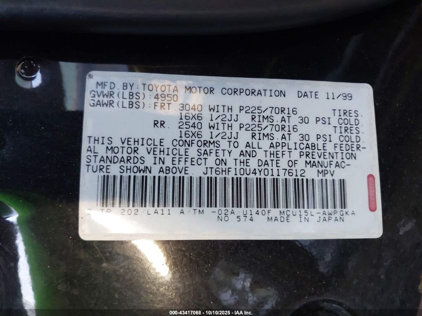 2000 Lexus Rx 300 VIN: JT6HF10U4Y0117612 Lot: 43417068