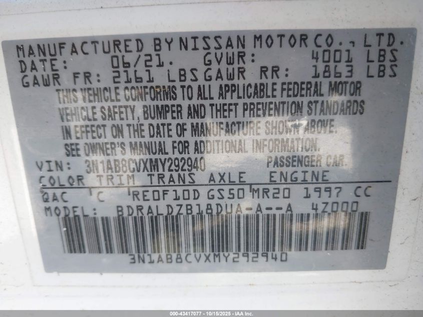 2021 Nissan Sentra Sv Xtronic Cvt VIN: 3N1AB8CVXMY292940 Lot: 43417077