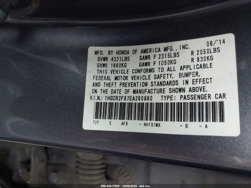 2014 Honda Accord Ex-L VIN: 1HGCR2F87EA260880 Lot: 43417095