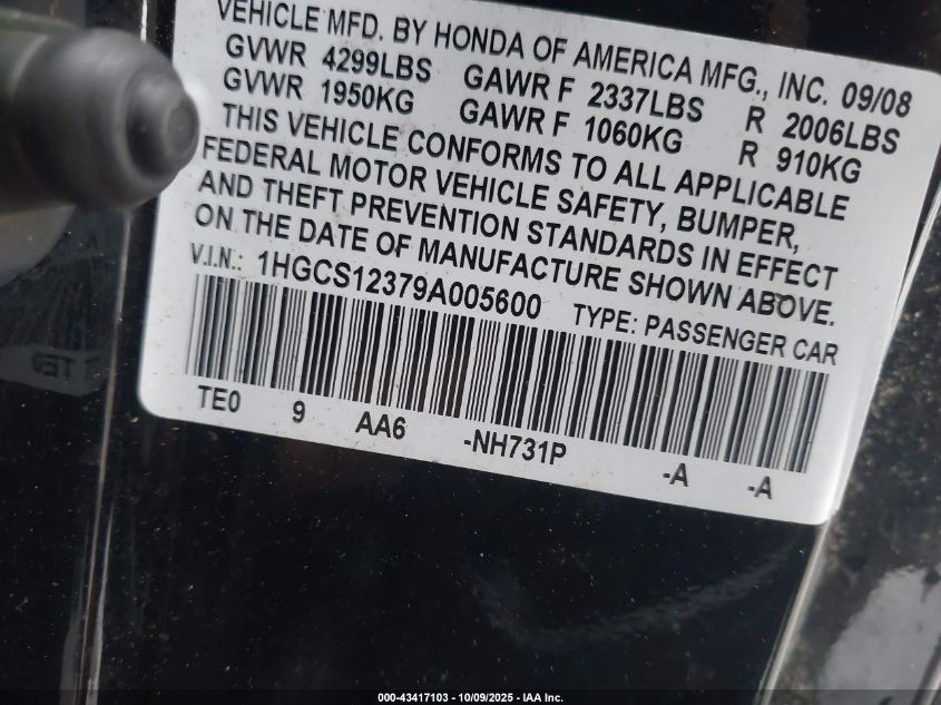 2009 Honda Accord 2.4 Lx-S VIN: 1HGCS12379A005600 Lot: 43417103