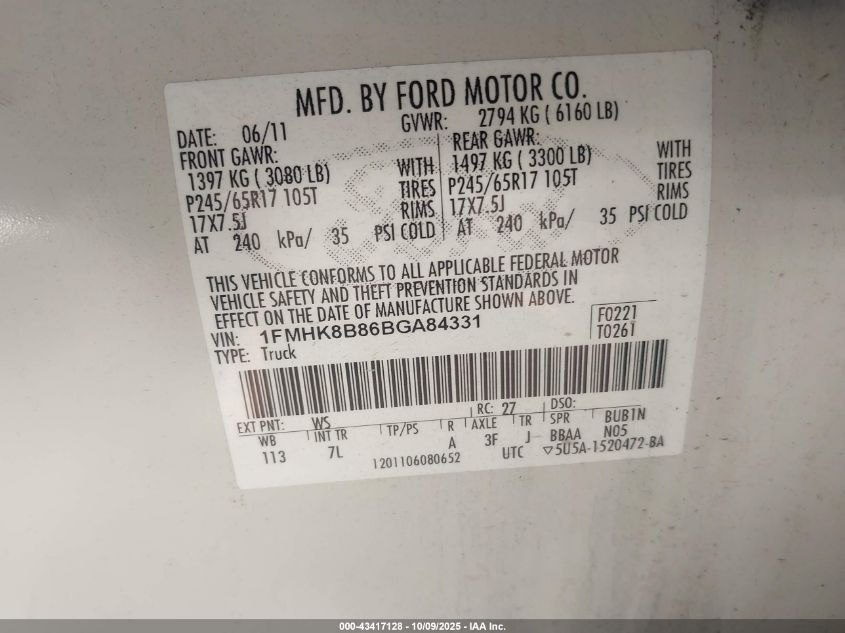 2011 Ford Explorer VIN: 1FMHK8B86BGA84331 Lot: 43417128