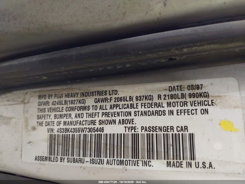 1998 Subaru Legacy L/Right Hand Postal Drive VIN: 4S3BK4355W7305446 Lot: 43417129