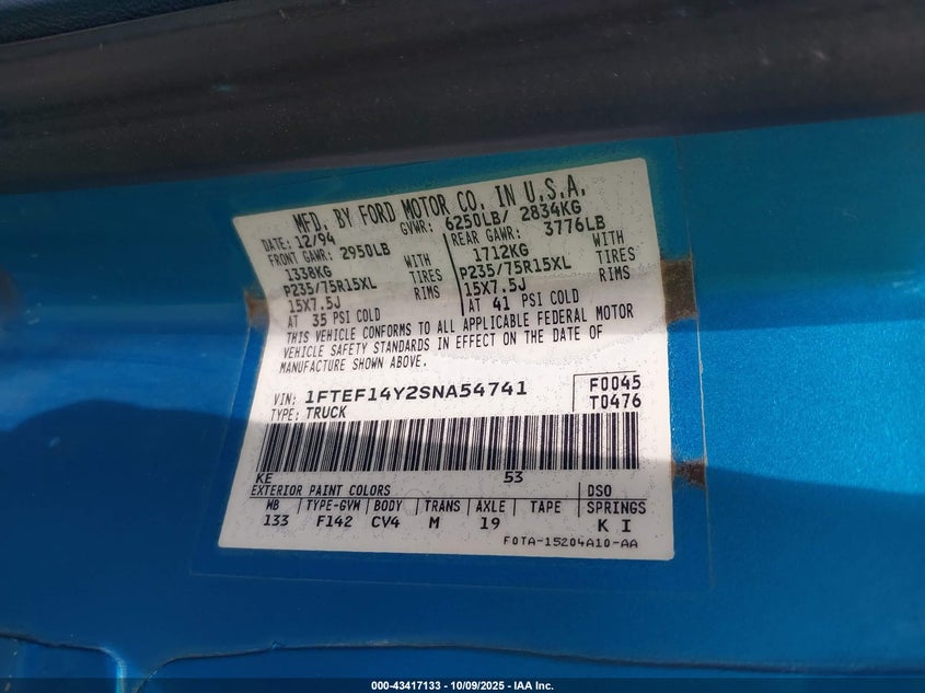 1995 Ford F150 VIN: 1FTEF14Y2SNA54741 Lot: 43417133