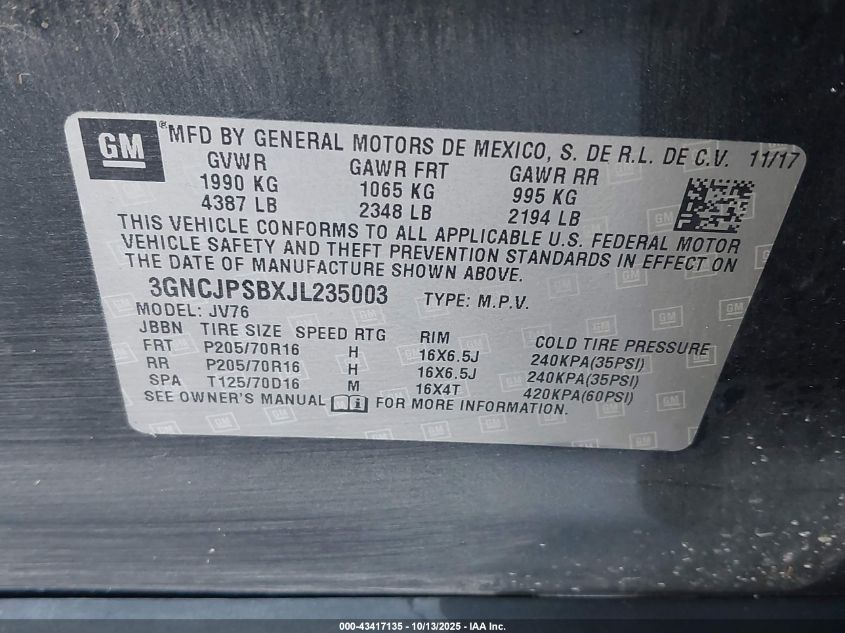 2018 Chevrolet Trax Lt VIN: 3GNCJPSBXJL235003 Lot: 43417135