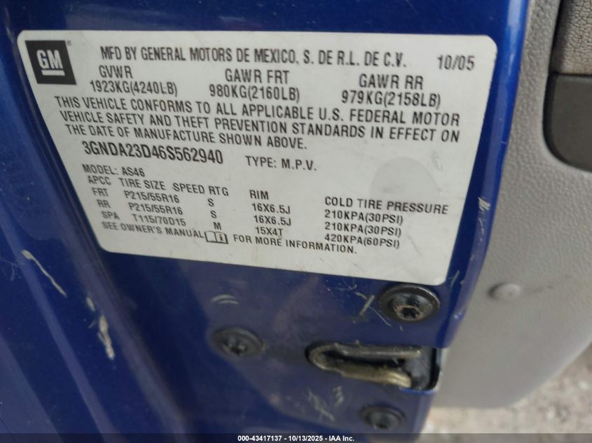 2006 Chevrolet Hhr Lt VIN: 3GNDA23D46S562940 Lot: 43417137