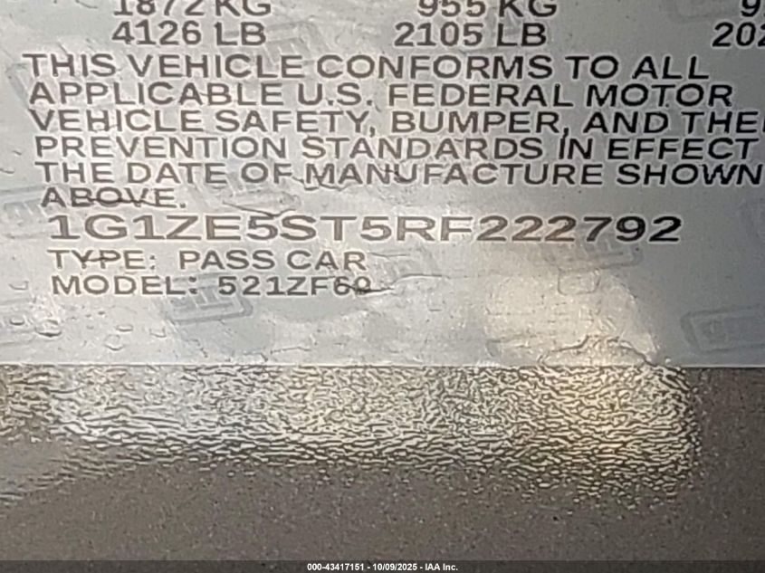 2024 Chevrolet Malibu Fwd 2Lt VIN: 1G1ZE5ST5RF222792 Lot: 43417151