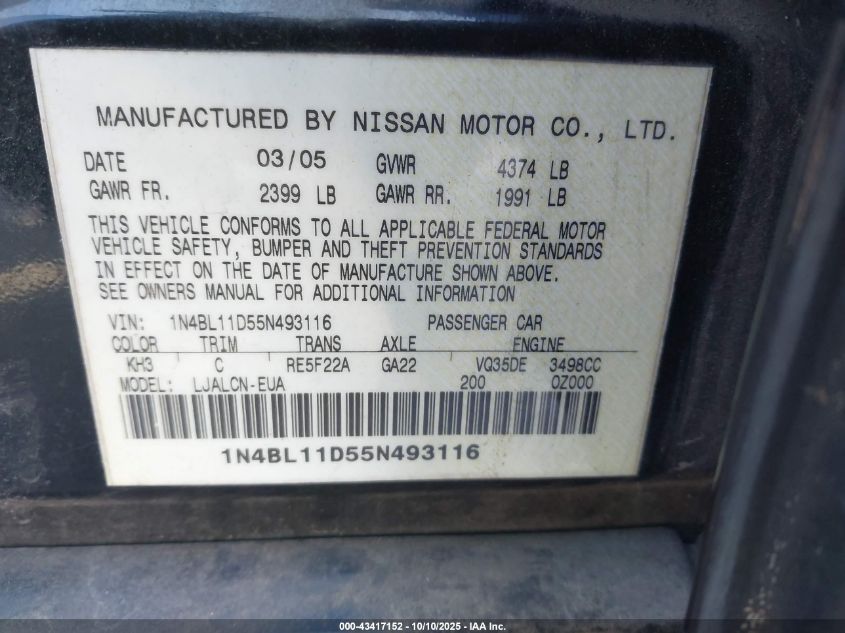 2005 Nissan Altima 3.5 Se VIN: 1N4BL11D55N493116 Lot: 43417152