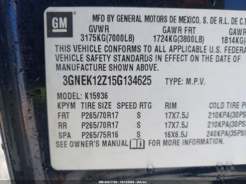 2005 Chevrolet Avalanche 1500 Z71 VIN: 3GNEK12Z15G134625 Lot: 43417155