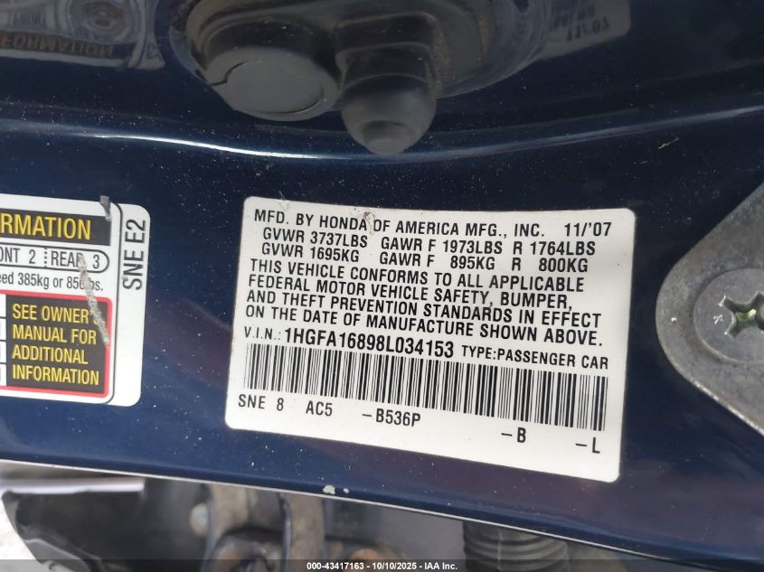 2008 Honda Civic Ex VIN: 1HGFA16898L034153 Lot: 43417163