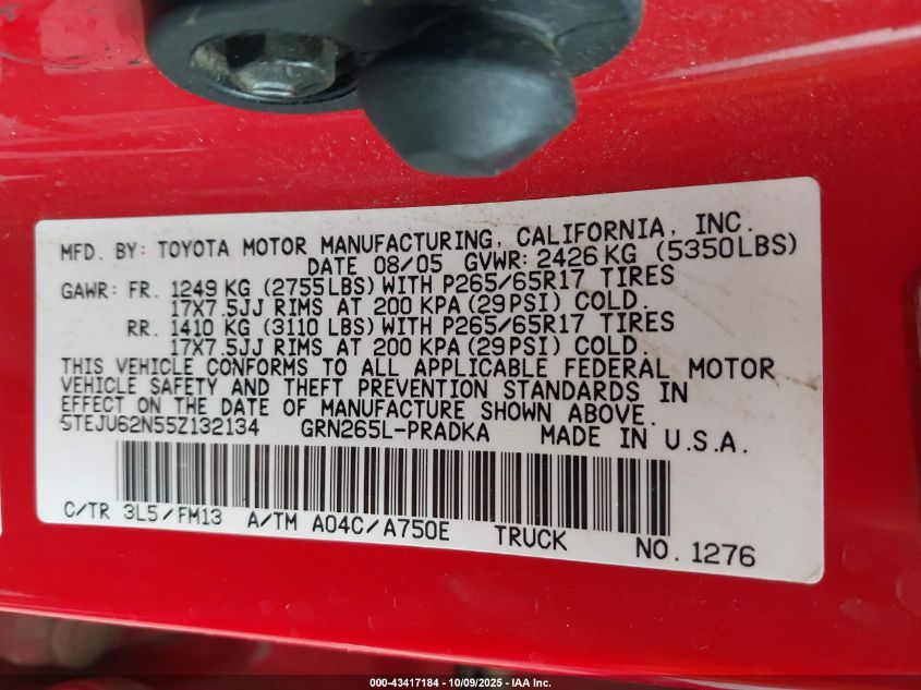 2005 Toyota Tacoma Prerunner V6 VIN: 5TEJU62N55Z132134 Lot: 43417184