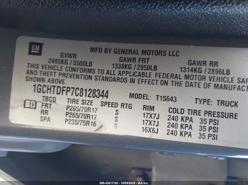 2012 Chevrolet Colorado 2Lt VIN: 1GCHTDFP7C8128344 Lot: 43417193