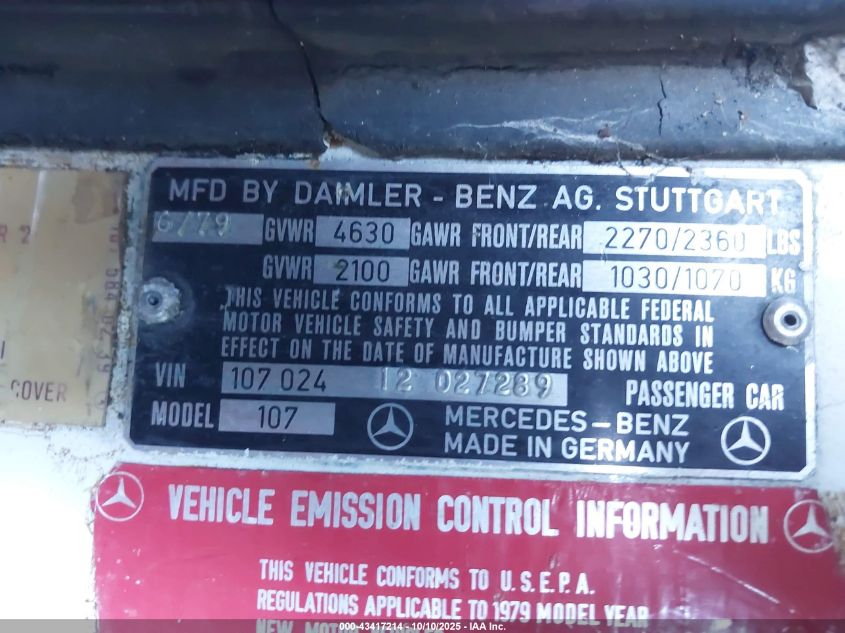 1979 Mercedes-Benz 450Slc VIN: 10702412027289 Lot: 43417214