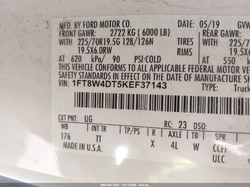 2019 Ford F-450 Limited VIN: 1FT8W4DT5KEF37143 Lot: 43417224