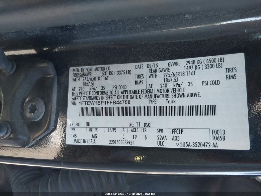 2015 Ford F-150 Xlt VIN: 1FTEW1EP1FFB44758 Lot: 43417230