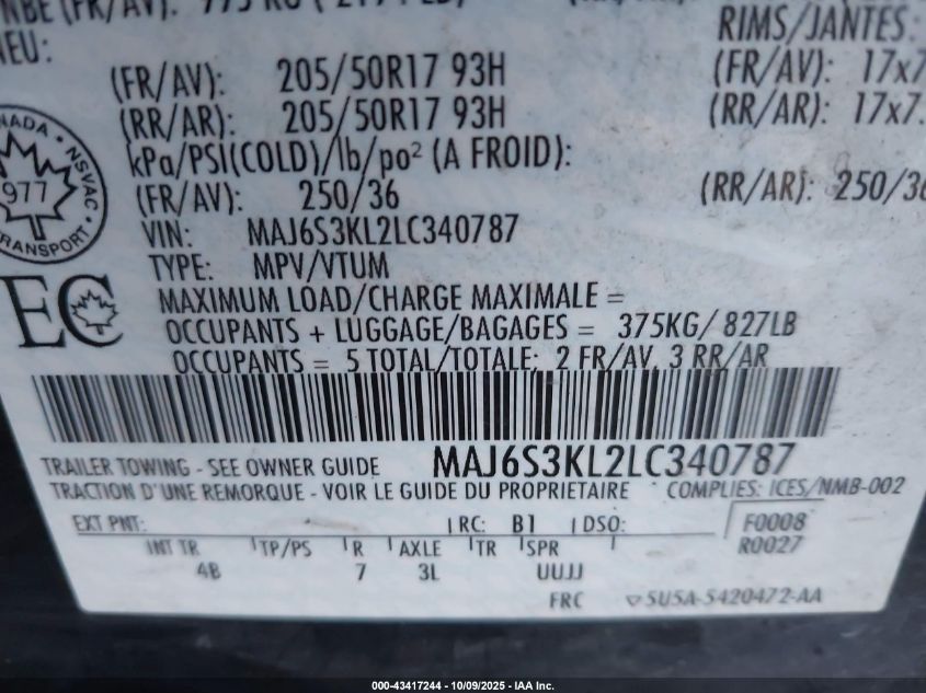 2020 Ford Ecosport Titanium VIN: MAJ6S3KL2LC340787 Lot: 43417244