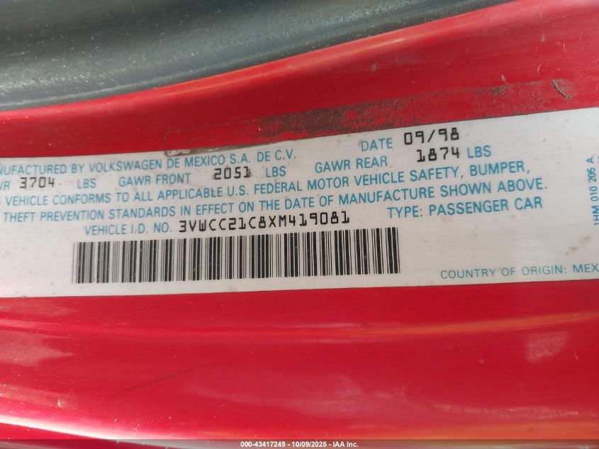 1999 Volkswagen New Beetle Gls VIN: 3VWCC21C8XM419081 Lot: 43417249