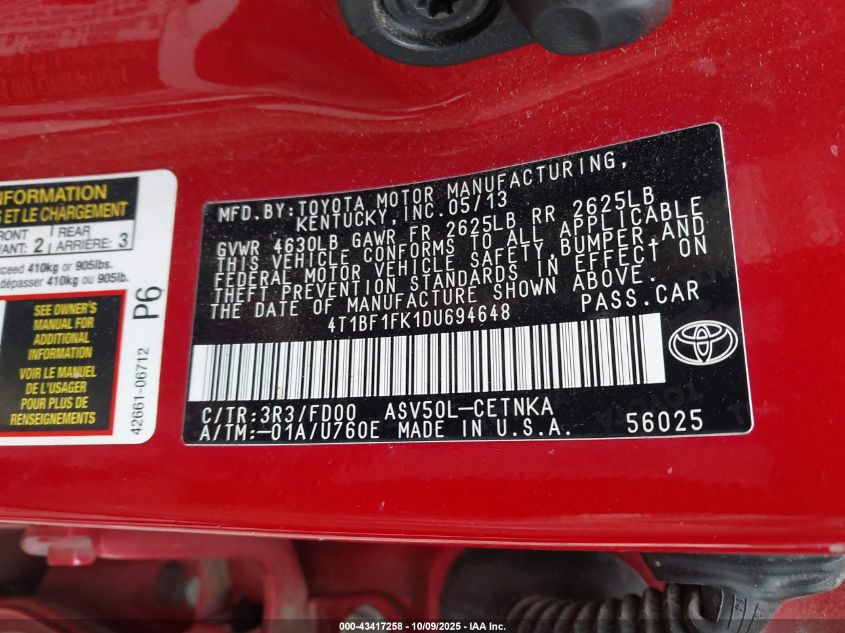 2013 Toyota Camry Le VIN: 4T1BF1FK1DU694648 Lot: 43417258