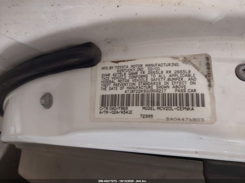 2001 Toyota Camry Le V6 VIN: 4T1BF22K91U968217 Lot: 43417272