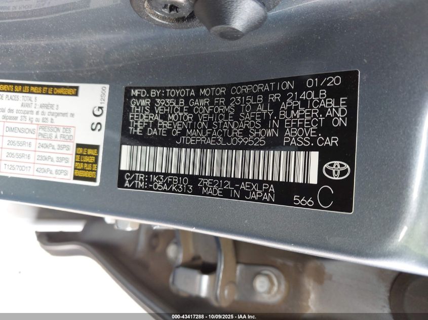 2020 Toyota Corolla Le VIN: JTDEPRAE3LJ099525 Lot: 43417288