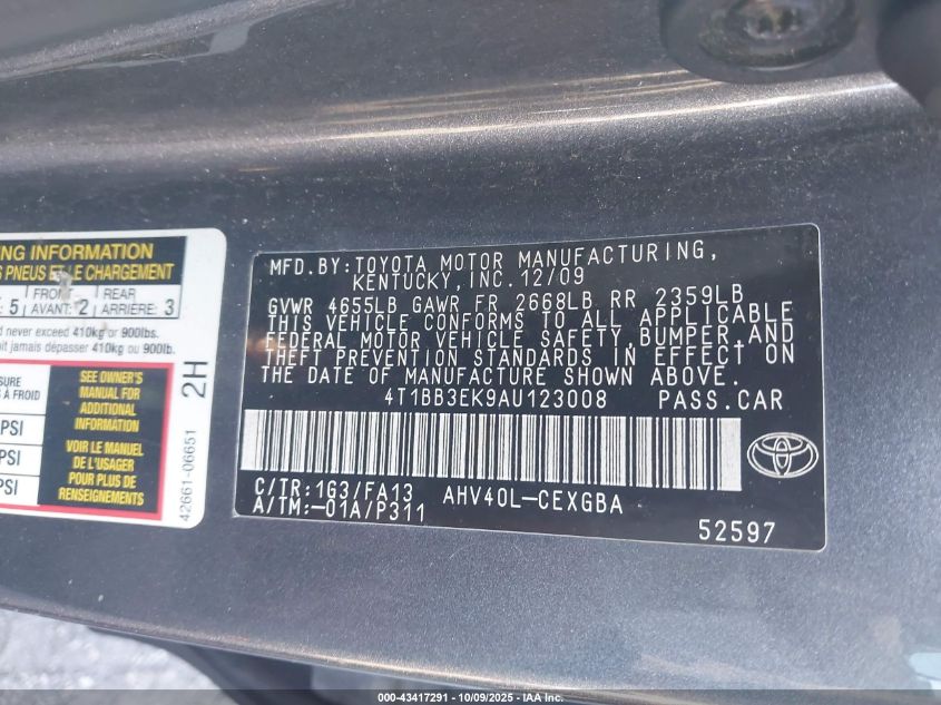 2010 Toyota Camry Hybrid VIN: 4T1BB3EK9AU123008 Lot: 43417291