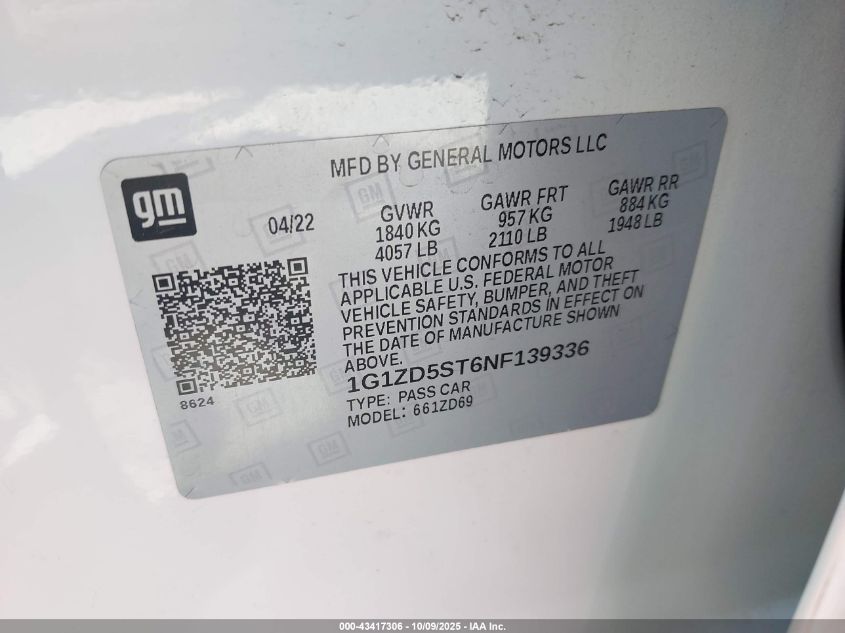 2022 Chevrolet Malibu Fwd Lt VIN: 1G1ZD5ST6NF139336 Lot: 43417306