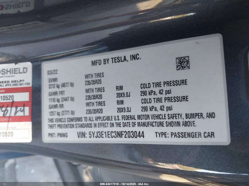 2022 Tesla Model 3 Performance Dual Motor All-Wheel Drive VIN: 5YJ3E1EC3NF203044 Lot: 43417316
