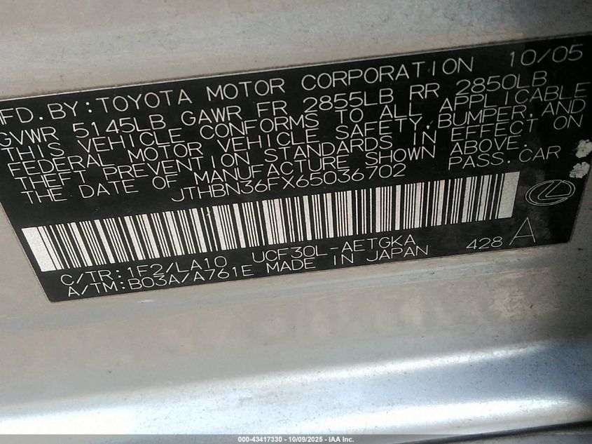 2006 Lexus Ls 430 VIN: JTHBN36FX65036702 Lot: 43417330