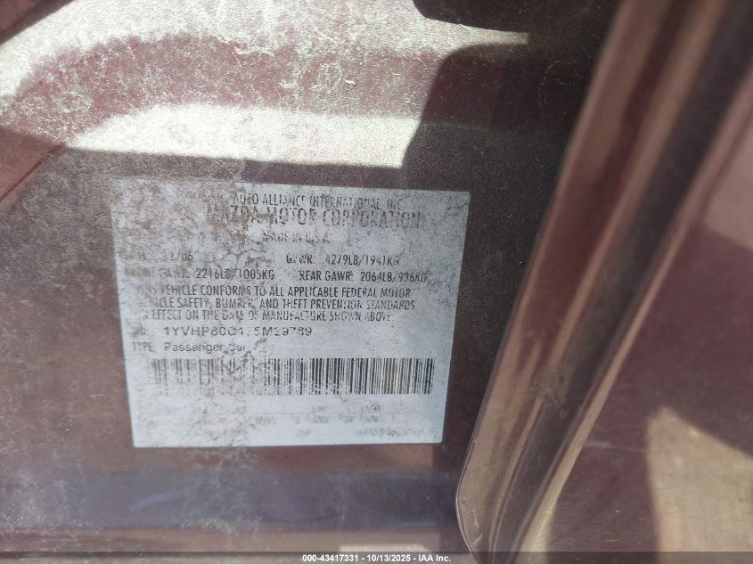 2007 Mazda Mazda6 I Sport Ve VIN: 1YVHP80C175M29789 Lot: 43417331