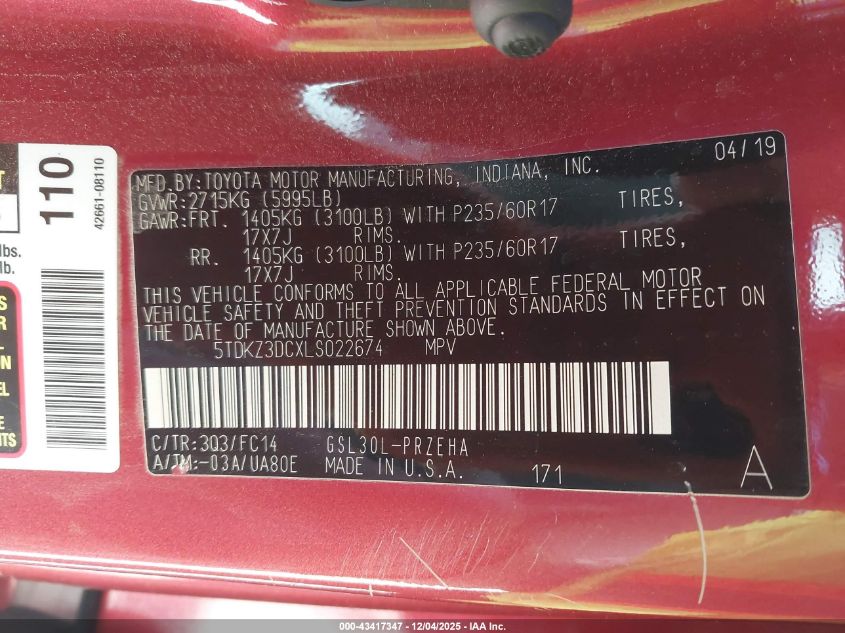 2020 Toyota Sienna Le VIN: 5TDKZ3DCXLS022674 Lot: 43417347