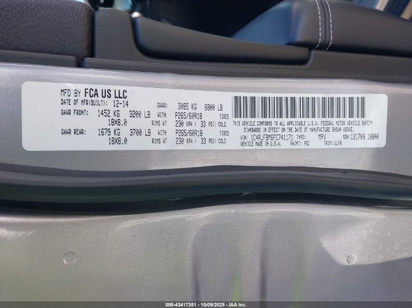 2015 Jeep Grand Cherokee Limited VIN: 1C4RJFBM6FC741171 Lot: 43417351