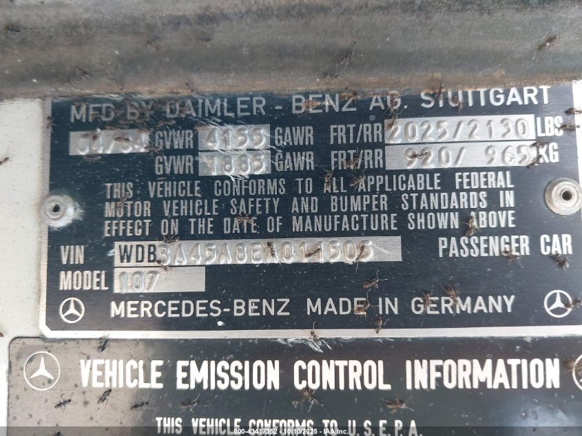 1984 Mercedes-Benz 380 Sl VIN: WDBBA45A8EA011505 Lot: 43417352