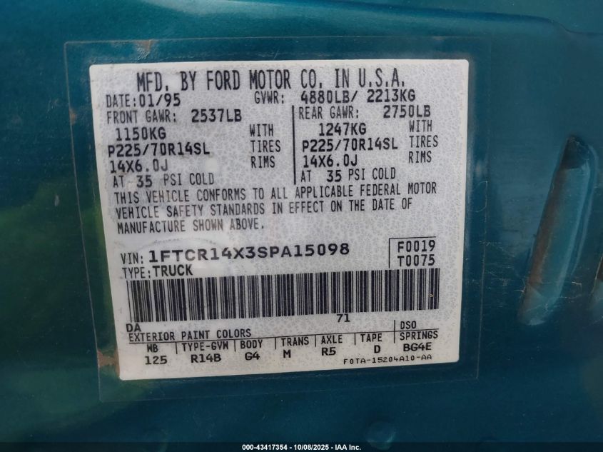 1995 Ford Ranger Super Cab VIN: 1FTCR14X3SPA15098 Lot: 43417354