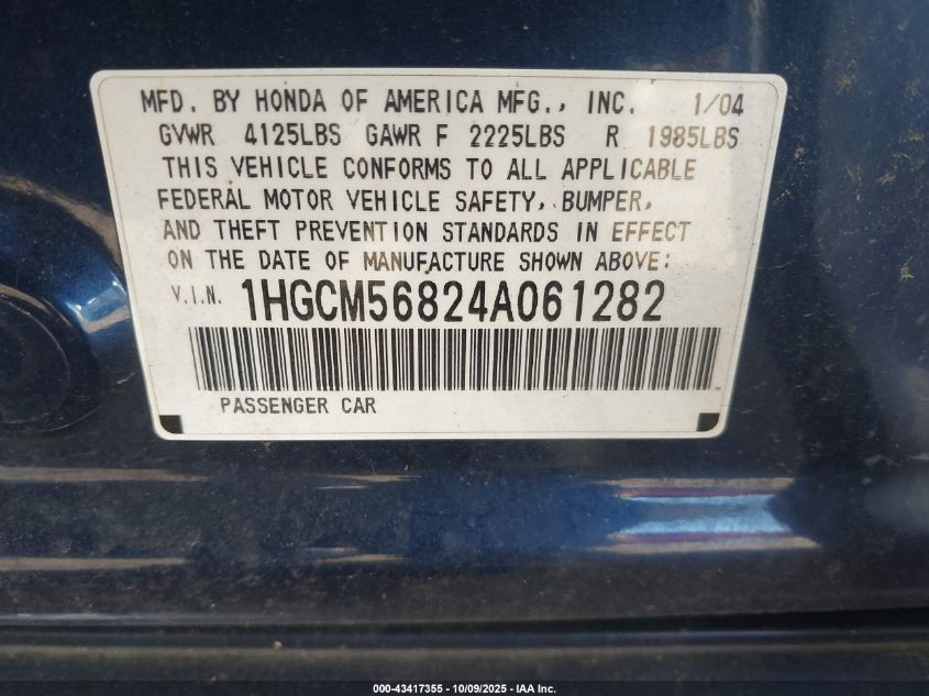 2004 Honda Accord 2.4 Ex VIN: 1HGCM56824A061282 Lot: 43417355