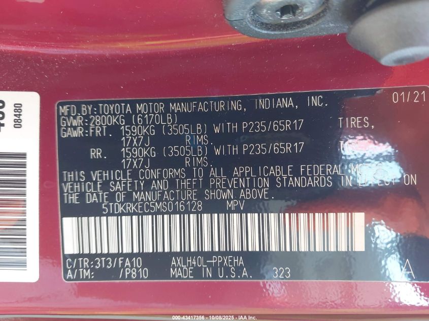 2021 Toyota Sienna Le VIN: 5TDKRKEC5MS016128 Lot: 43417356