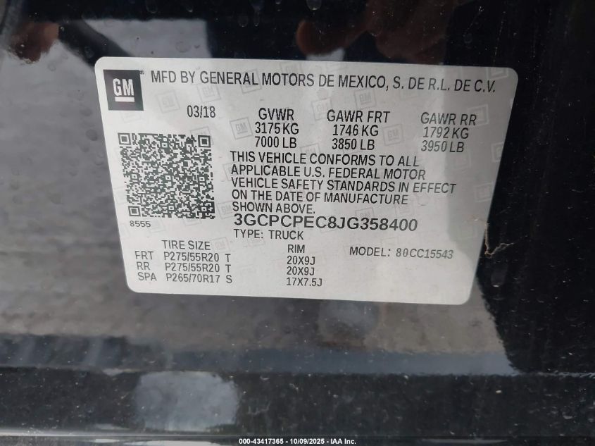 2018 Chevrolet Silverado 1500 Custom VIN: 3GCPCPEC8JG358400 Lot: 43417365
