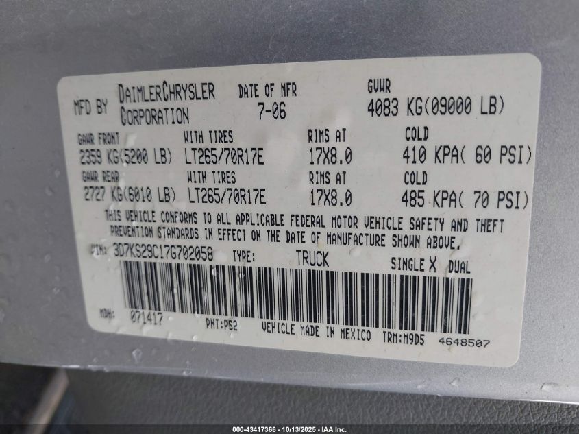 2007 Dodge Ram 2500 Slt VIN: 3D7KS29C17G702058 Lot: 43417366