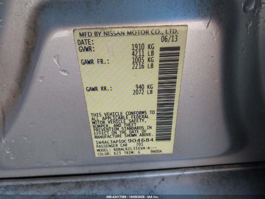 2013 Nissan Altima 2.5 S VIN: 1N4AL3AP1DC904684 Lot: 43417369